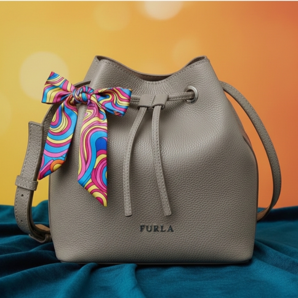 Furla Costanza Drawstring Mini Gray Bucket Bag with Dusty- MSRP $495 | NWOT